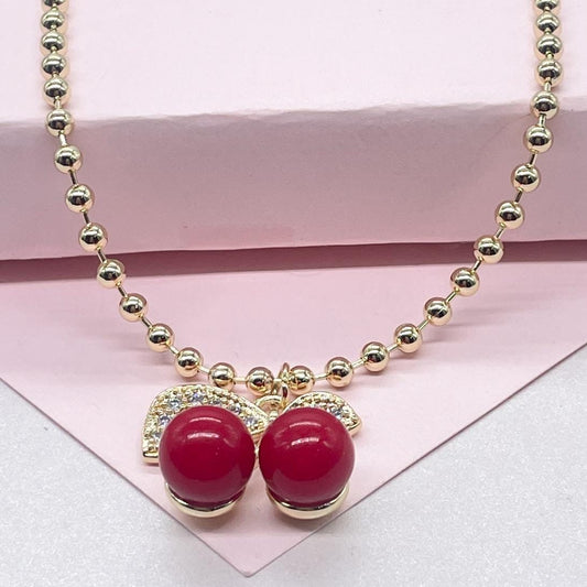 18k Gold Filled Classic Red Cherry Necklace with Beaded Chain Link