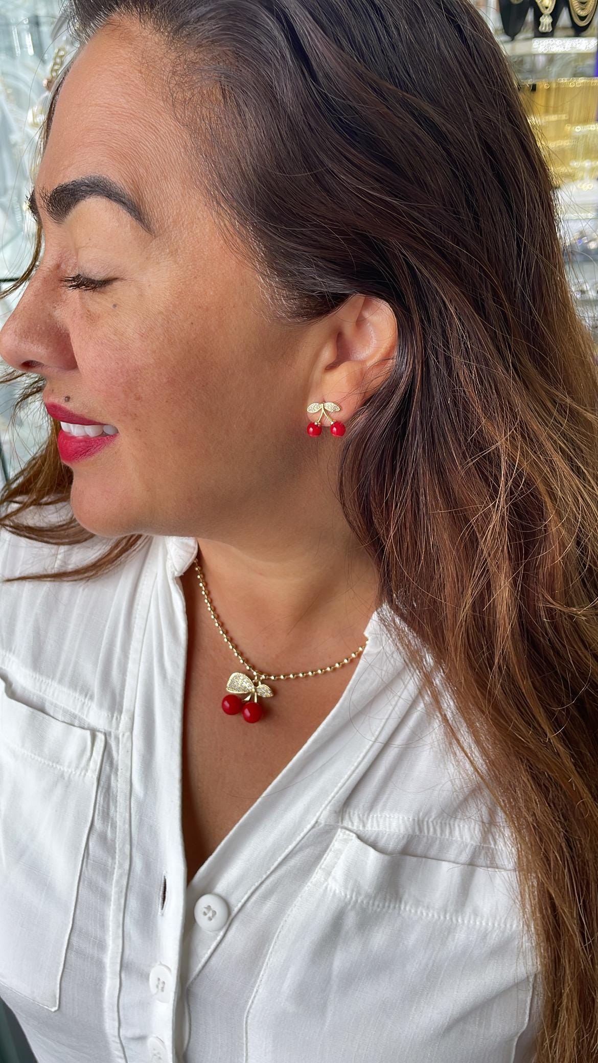 18k Gold Filled Classic Red Cherry Necklace with Beaded Chain Link
