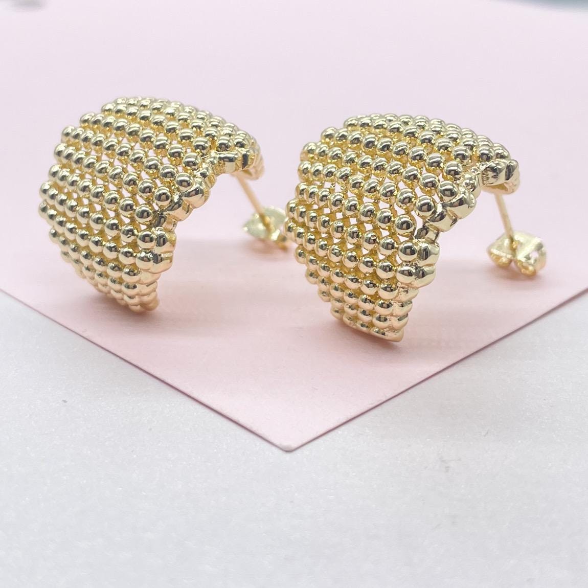 18k Gold Filled Chunky Puffy C-Hoops with Baby Gold Beads Engraved