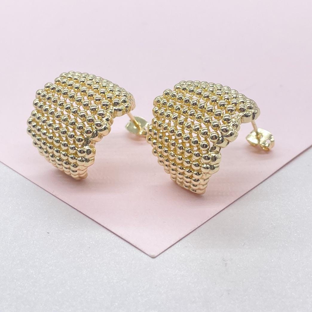 18k Gold Filled Chunky Puffy C-Hoops with Baby Gold Beads Engraved