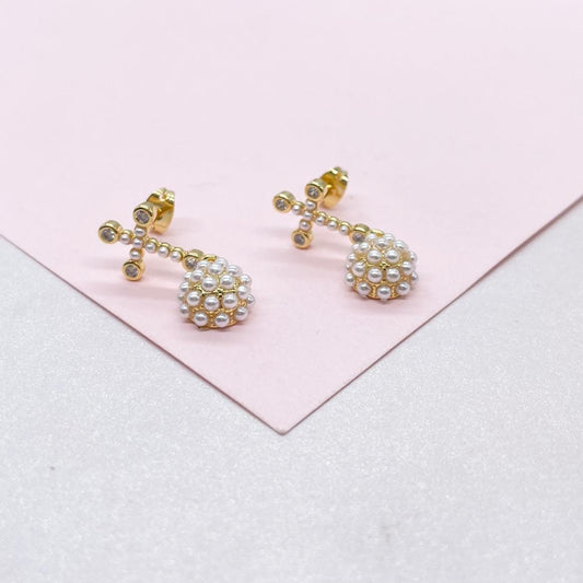 18k Gold Filled Small Pearl Cross Stud and Dangling Sphere