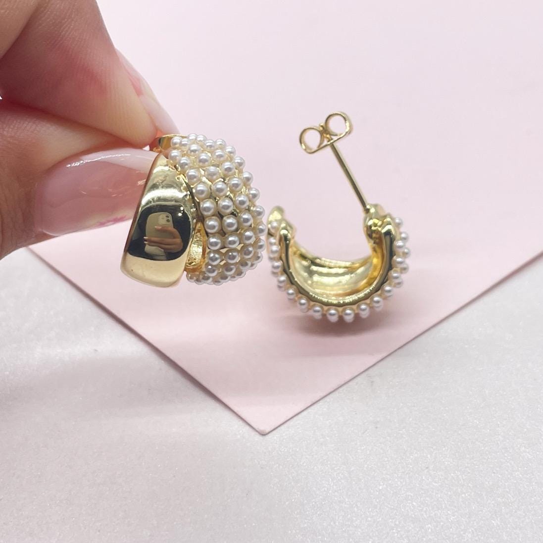 18k Gold Filled Chunky Puffy C-Hoops with Baby Pearls Engraved