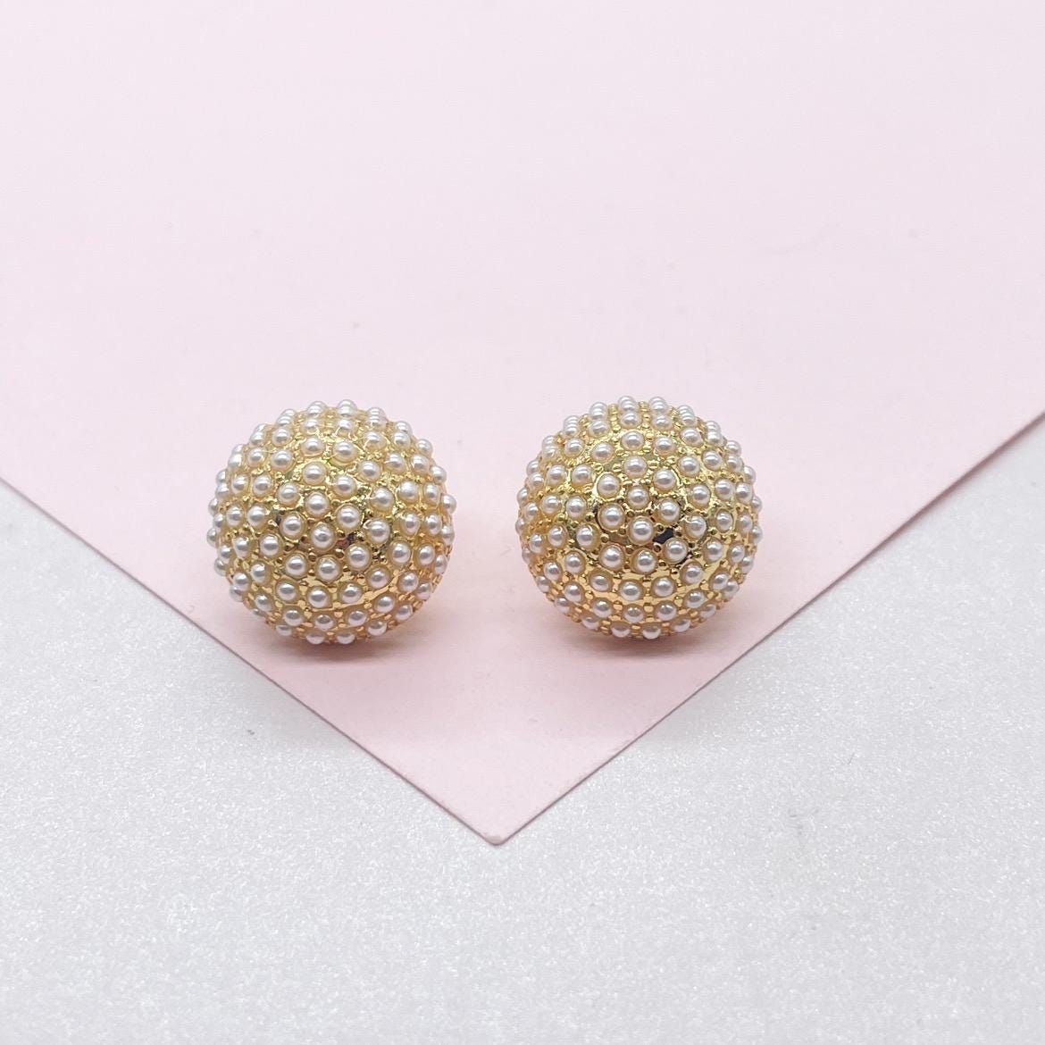 18k Gold Filled 15mm Pearl Beaded Stud Earrings