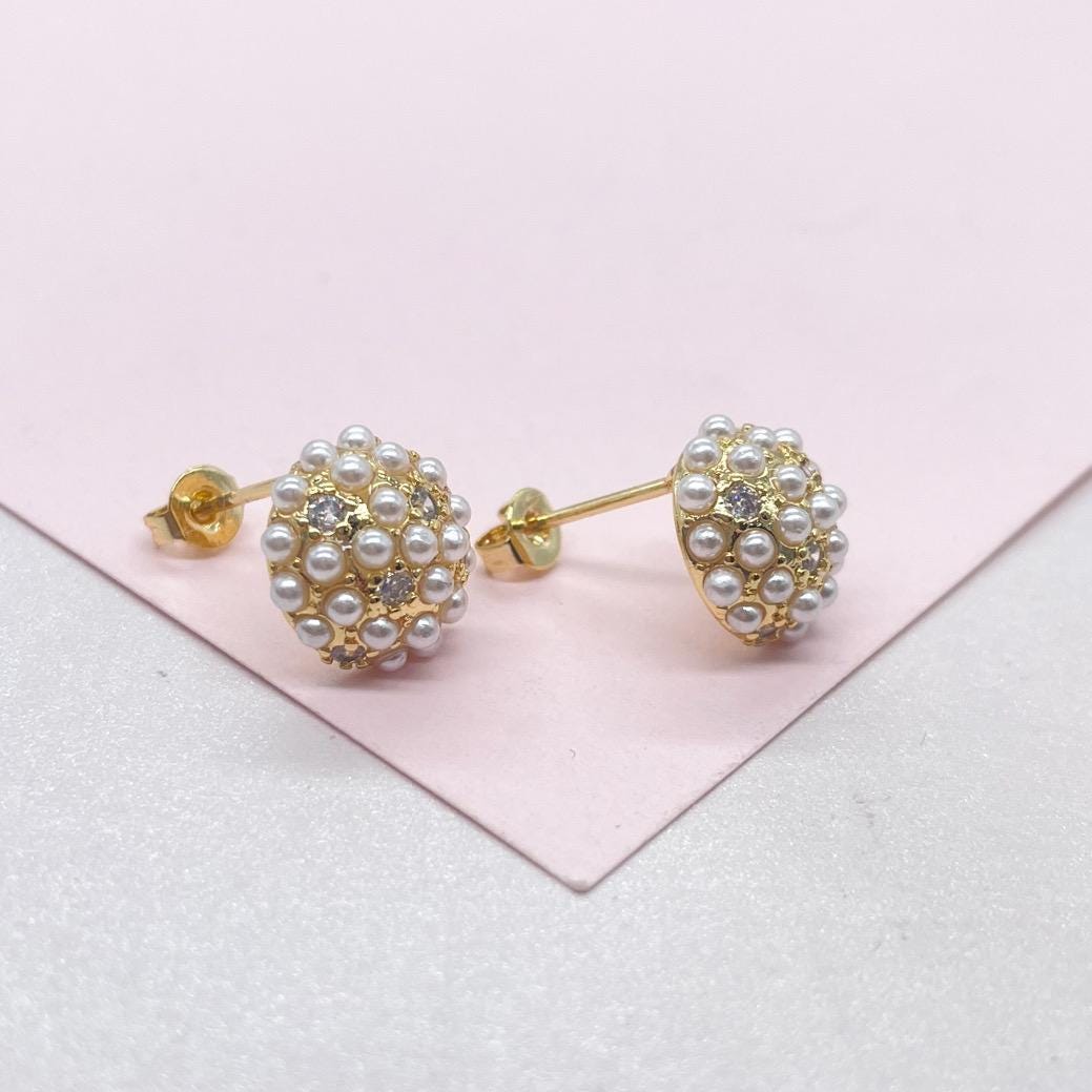 18k Gold Filled Small Pearl Beaded Cz Stud Earrings 10mm