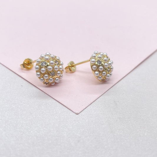 18k Gold Filled Small Pearl Beaded Cz Stud Earrings 10mm