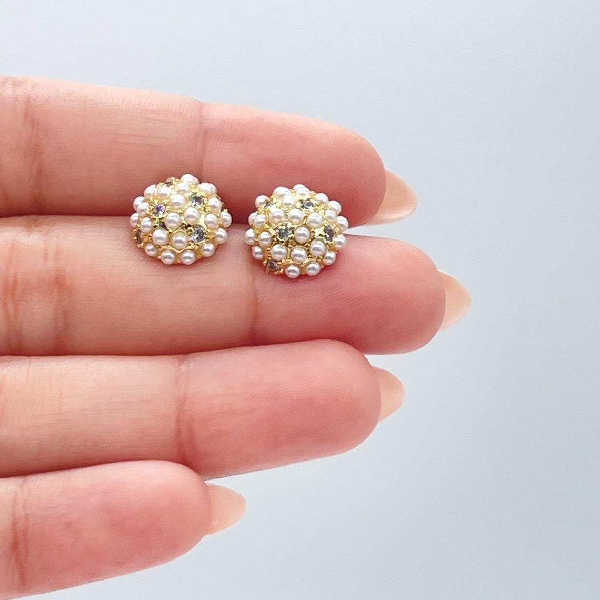 18k Gold Filled Small Pearl Beaded Cz Stud Earrings 10mm