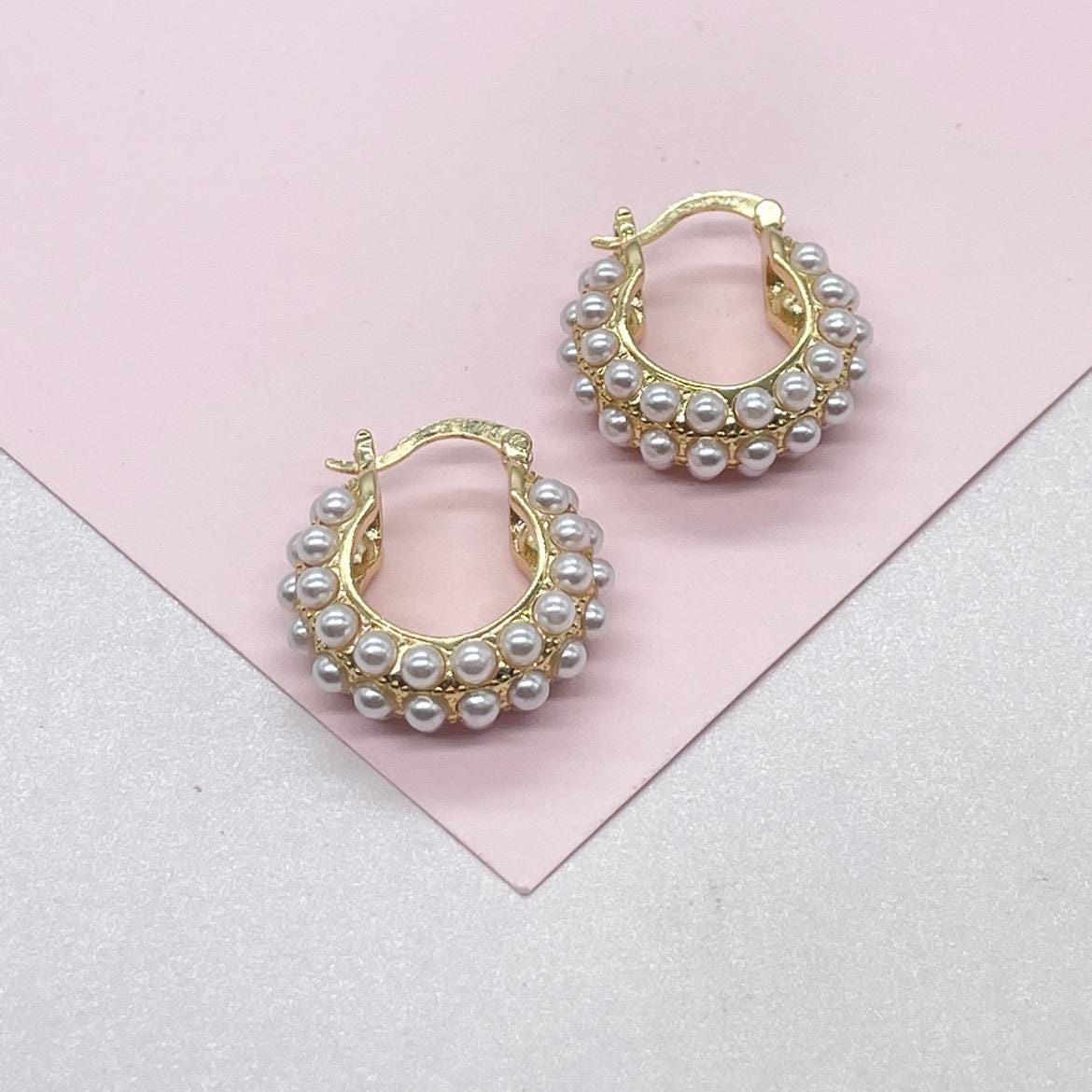18k Gold Filled Pearl Beaded Thick & Small Hoop Earrings
