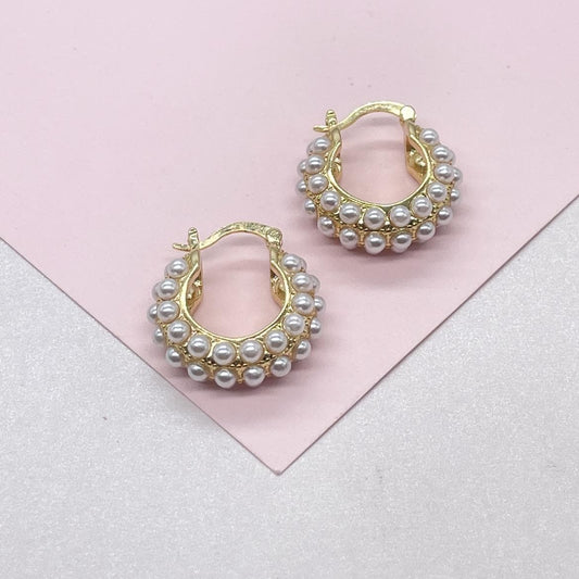 18k Gold Filled Pearl Beaded Thick & Small Hoop Earrings