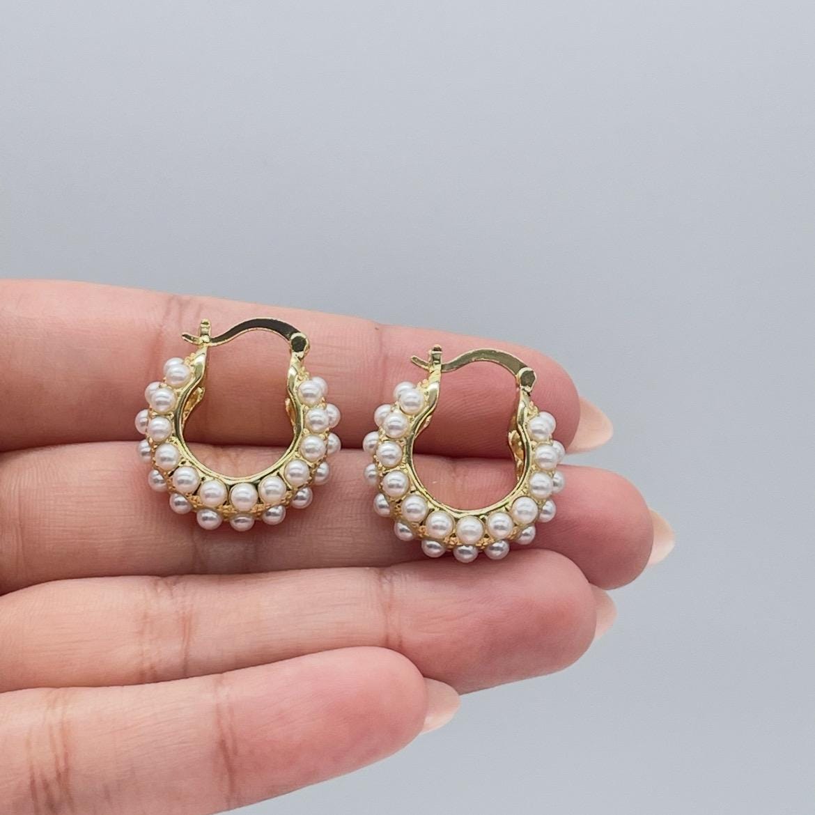 18k Gold Filled Pearl Beaded Thick & Small Hoop Earrings