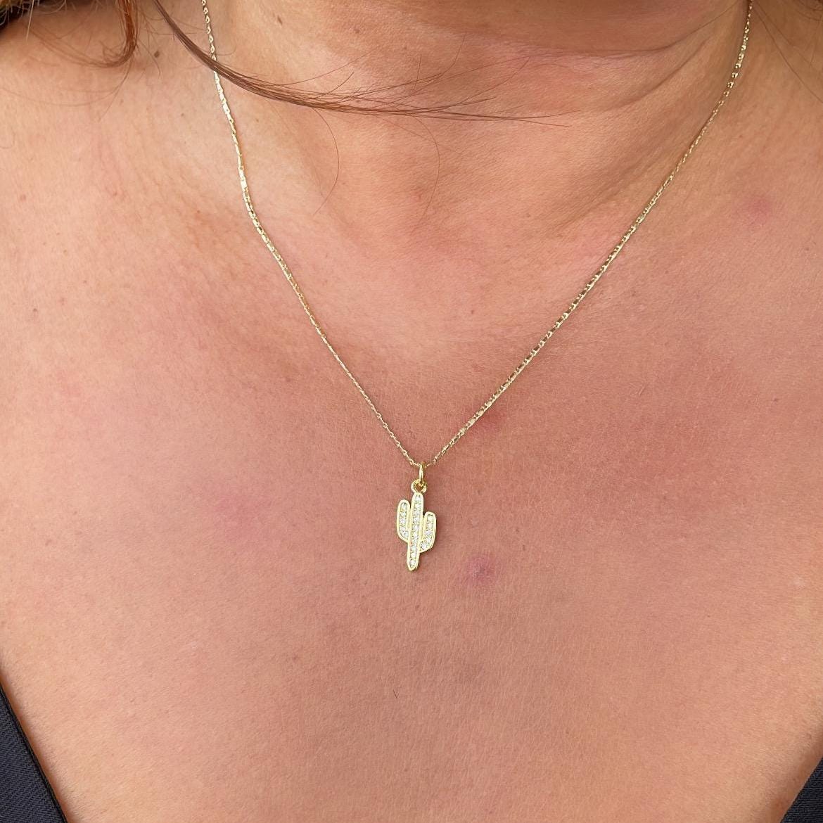 18k Gold Filled Cactus plant with White Pave CZ, cactus pendant summer jewelry,
