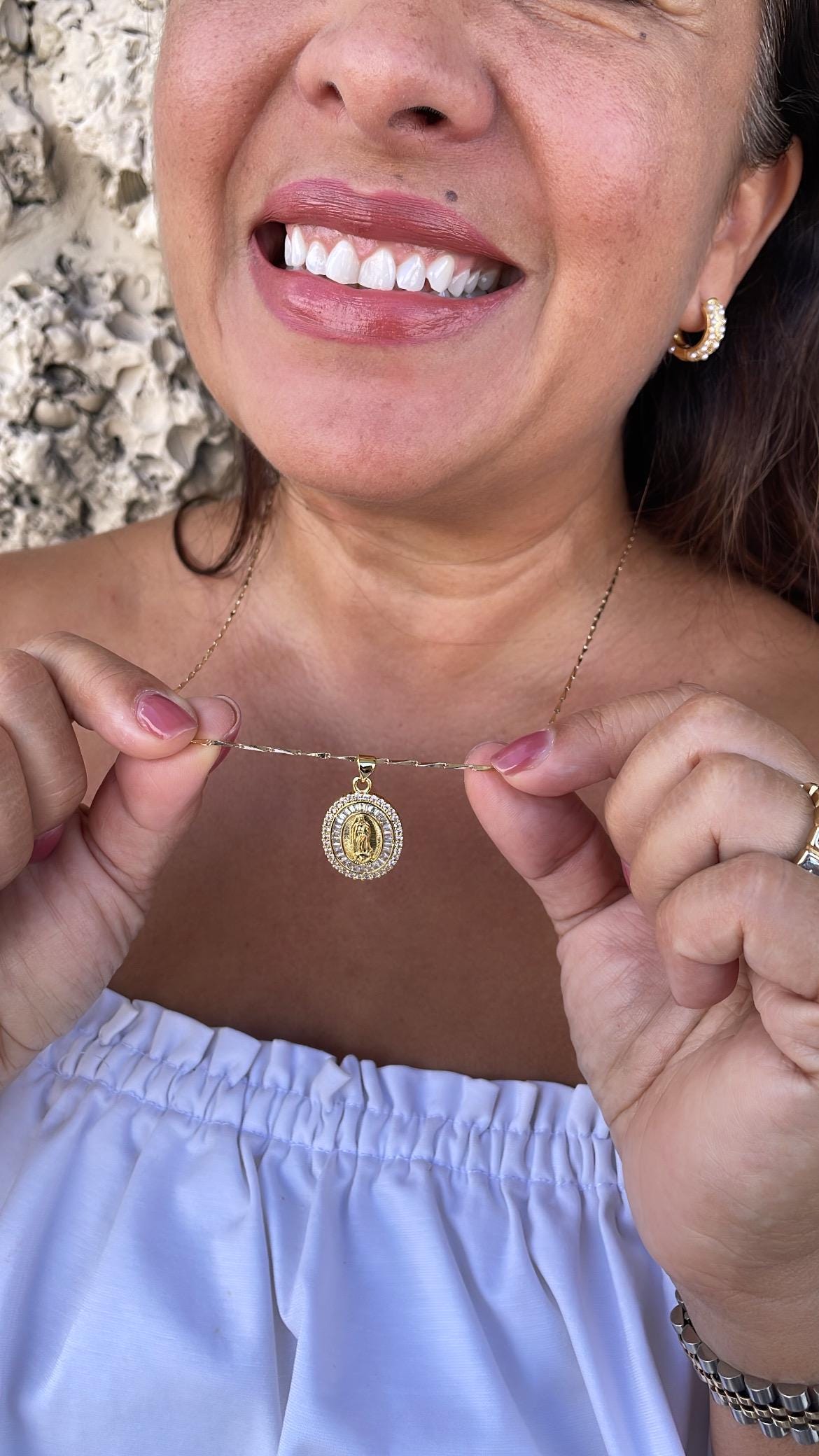 18k Gold Filled Engraved Virgin of Mary Medallion with Baguette and Round CZ