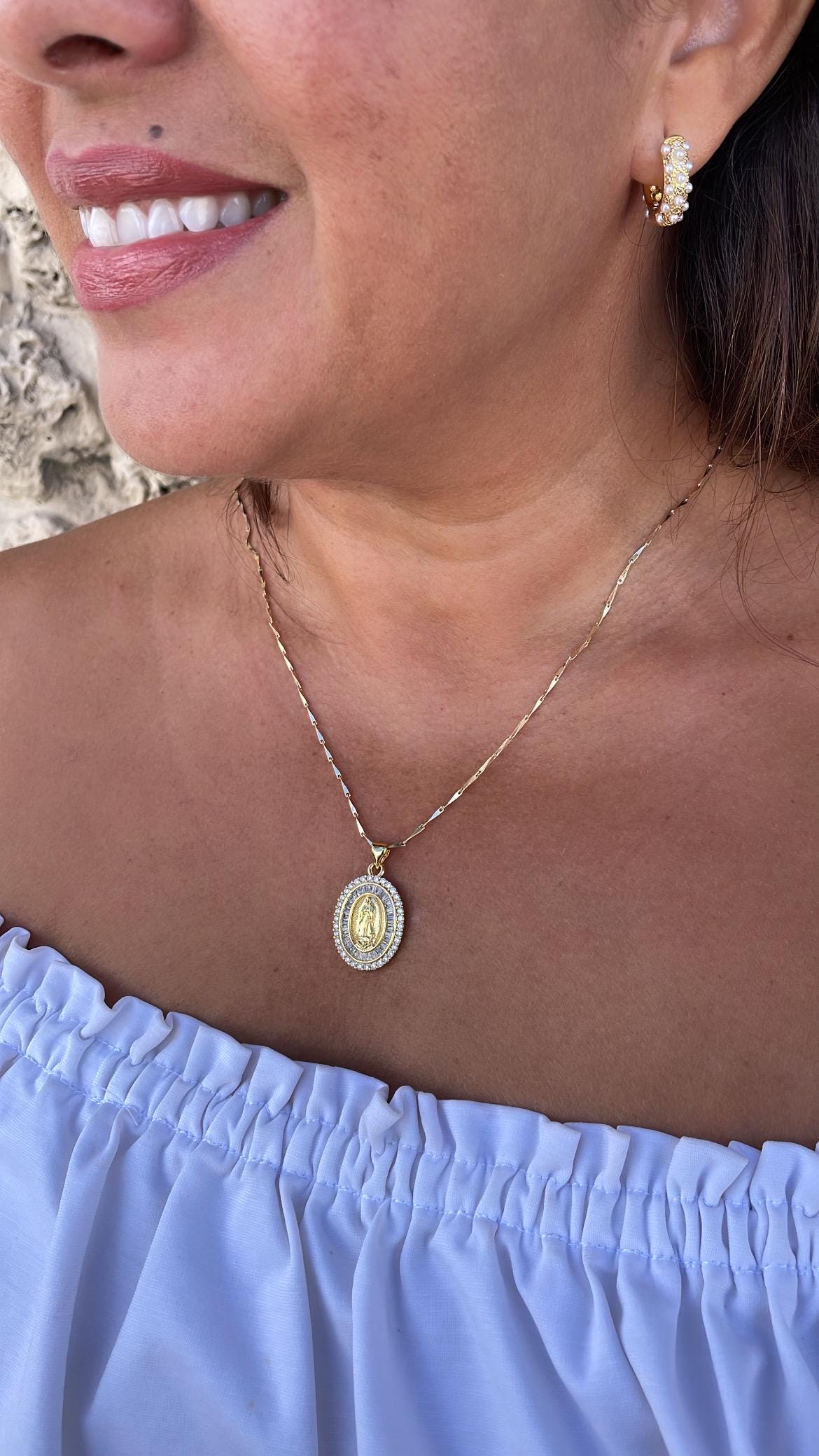18k Gold Filled Engraved Virgin of Mary Medallion with Baguette and Round CZ