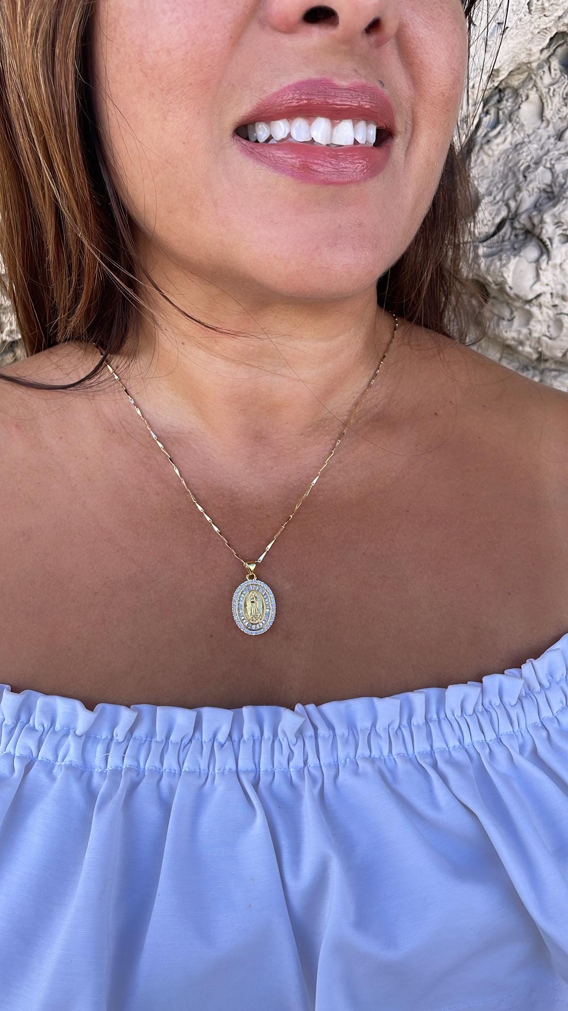 18k Gold Filled Engraved Virgin of Mary Medallion with Baguette and Round CZ