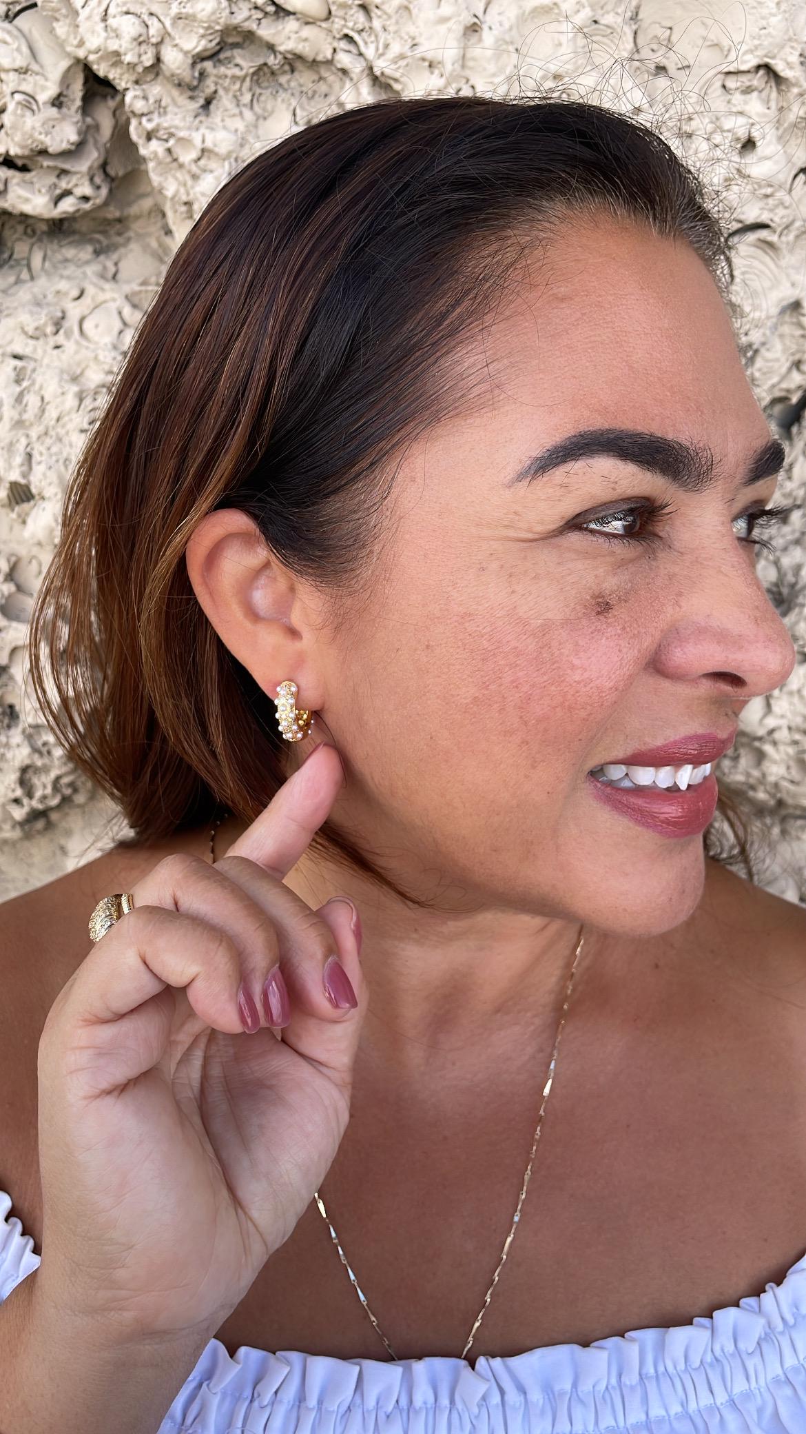 18k Gold Filled Chunky Huggie with Pearl and CZ Stones