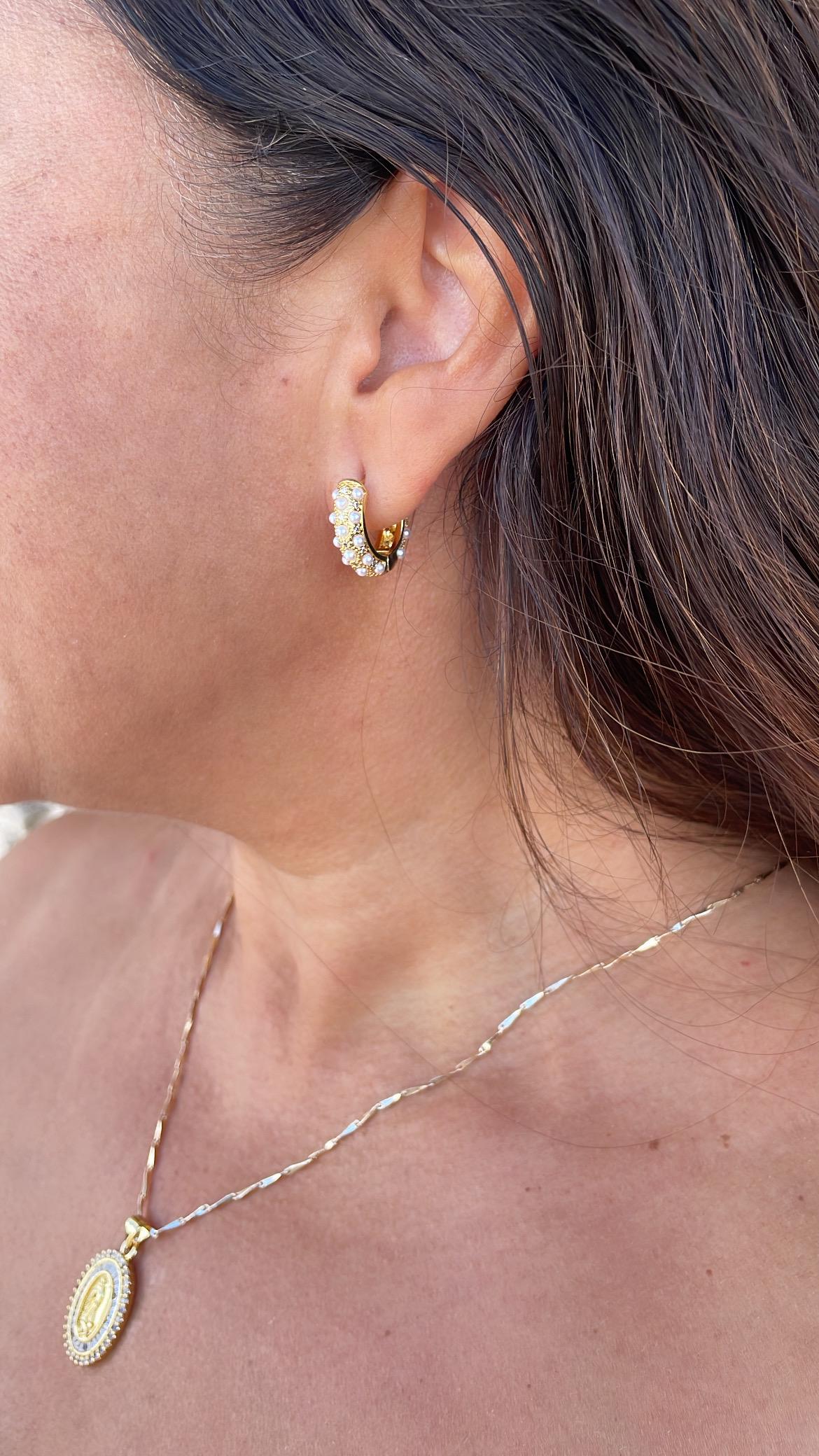 18k Gold Filled Chunky Huggie with Pearl and CZ Stones