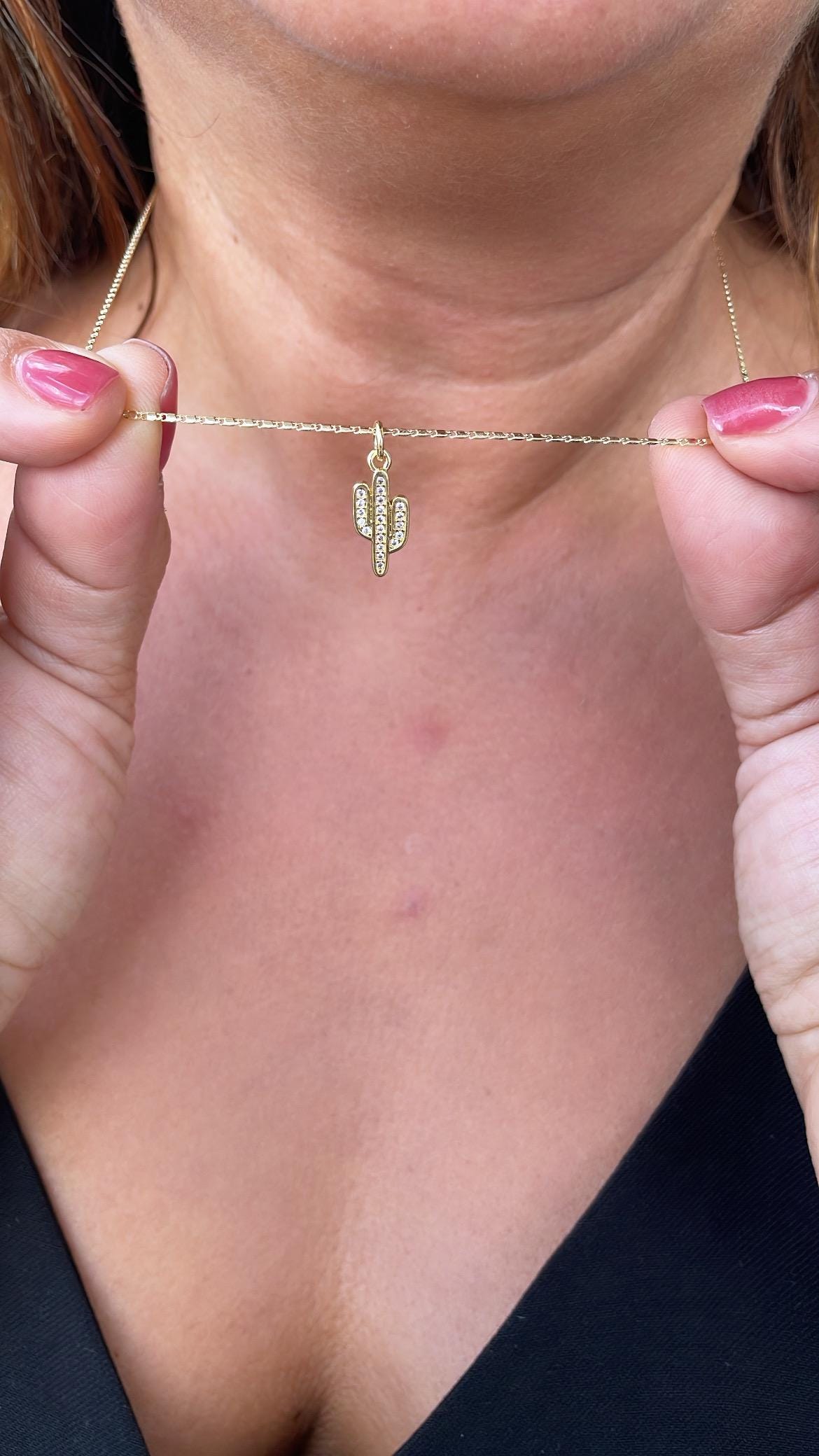 18k Gold Filled Cactus plant with White Pave CZ, cactus pendant summer jewelry,