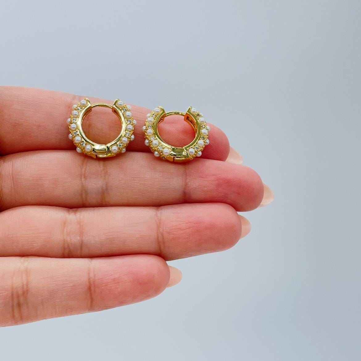 18k Gold Filled Chunky Huggie with Pearl and CZ Stones