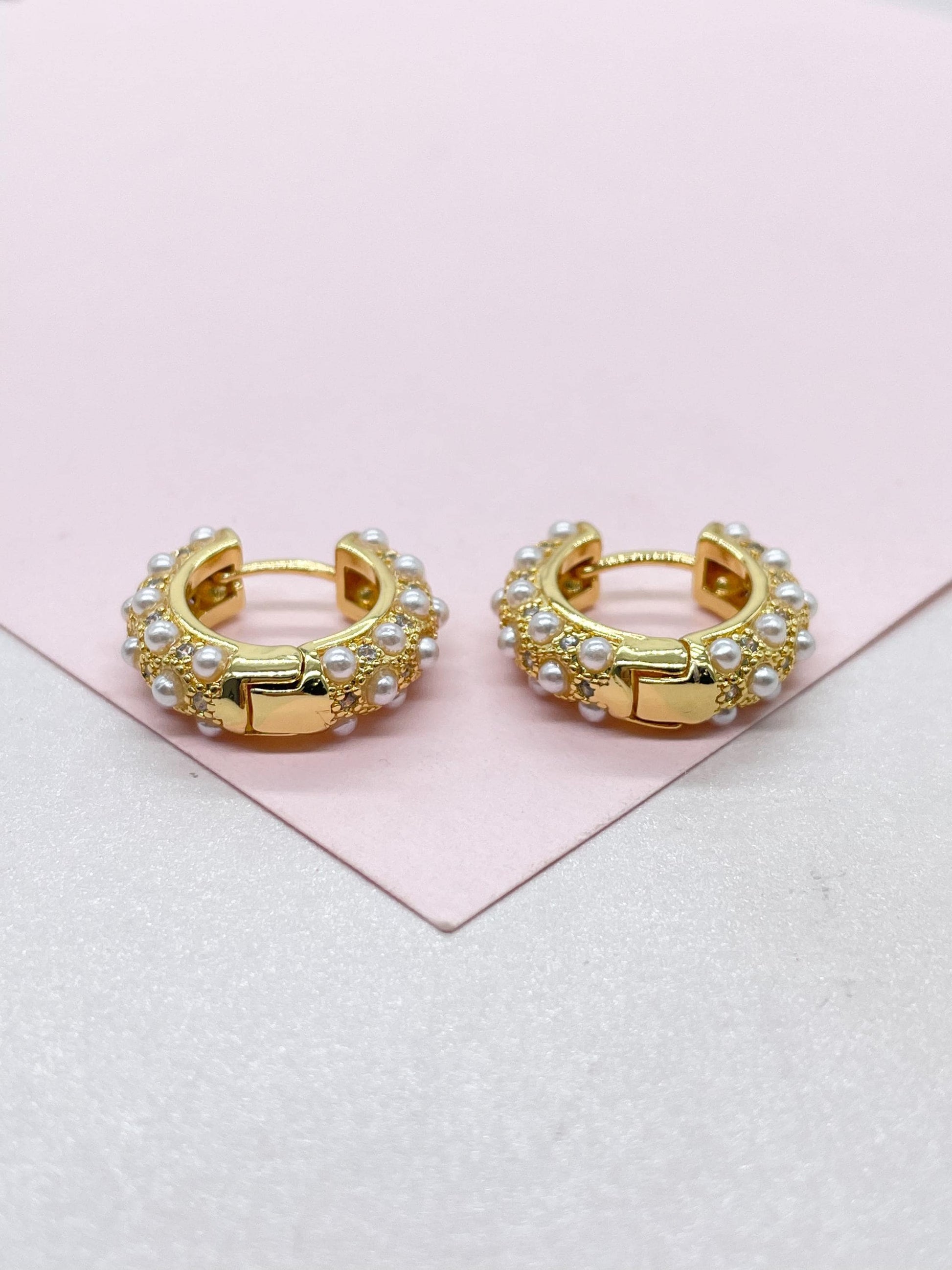 18k Gold Filled Chunky Huggie with Pearl and CZ Stones