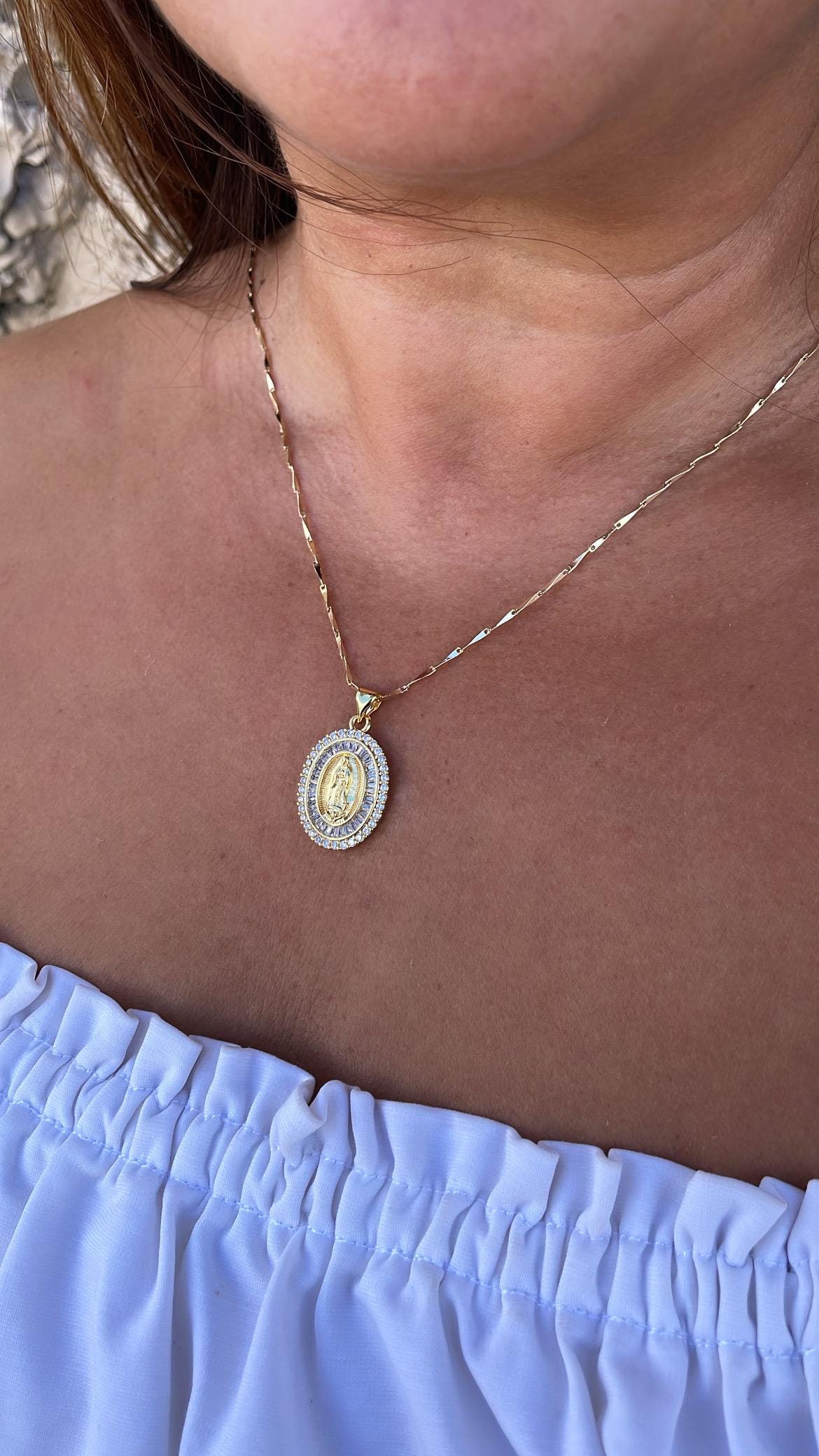 18k Gold Filled Engraved Virgin of Mary Medallion with Baguette and Round CZ