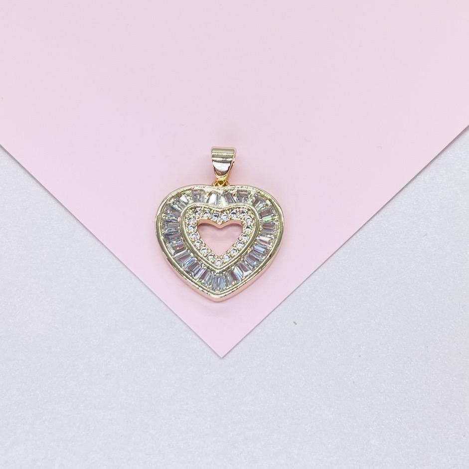 18k Gold Filled Heart Pendant Crowned with Baguette Cut Stones And Round CZ Stones