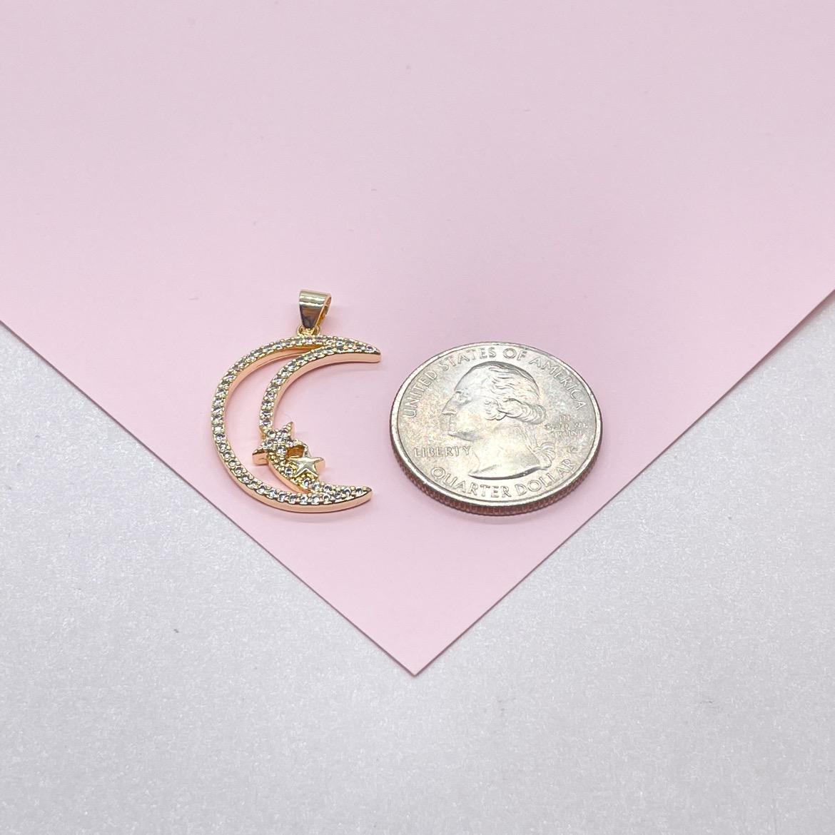 18k Gold Filled Large CZ Pave Moon & Star Necklace Charm