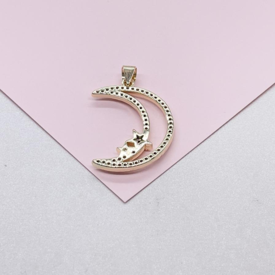 18k Gold Filled Large CZ Pave Moon & Star Necklace Charm