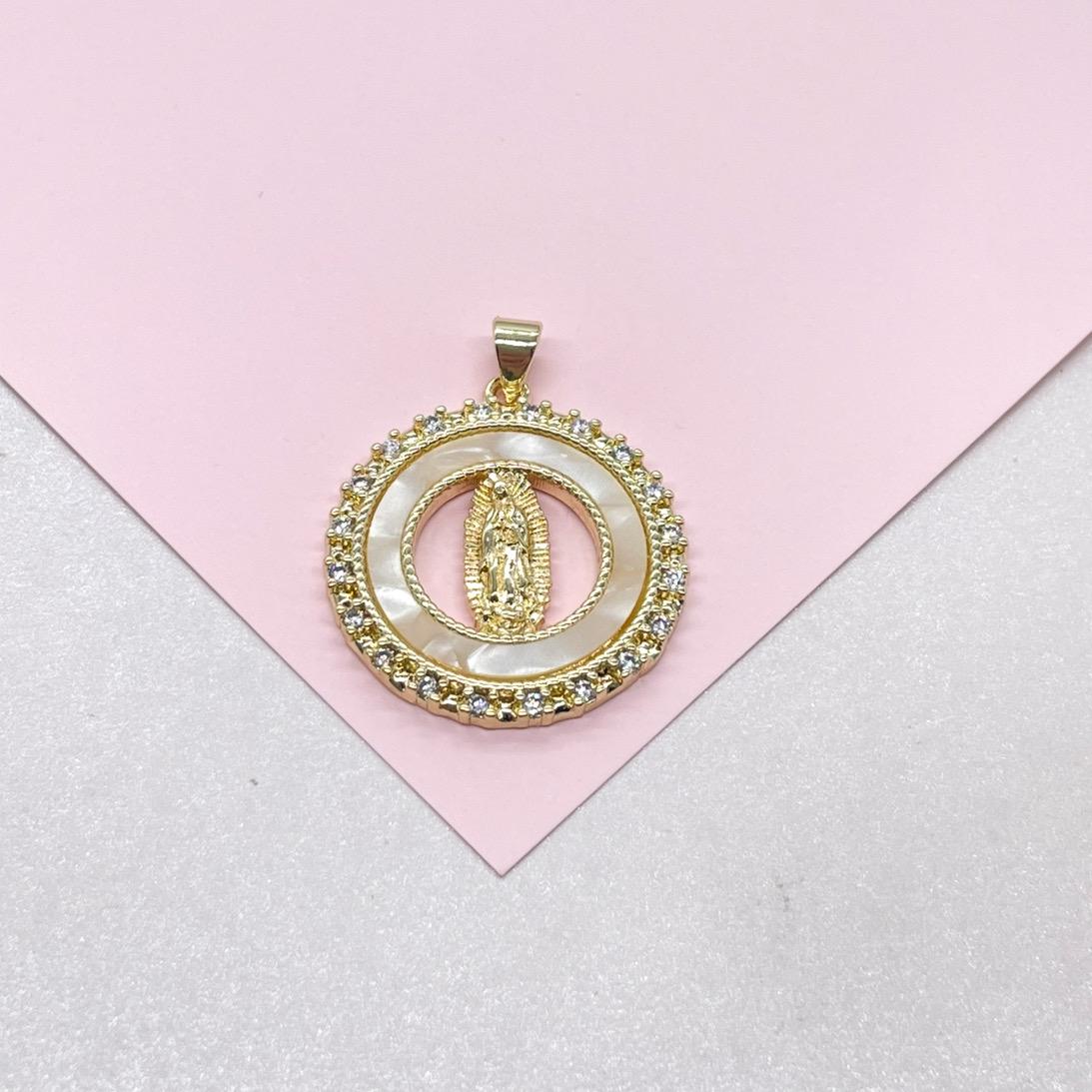 18k Gold Filled Mother of Pearl Medallion with Virgin Mary Engraving, Crowned with CZ