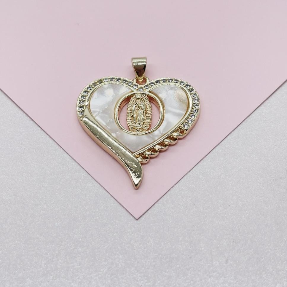 18k Gold Filled Heart Pendant with Mother Of Pearl Stone & Engraving of Virgin Mary Topped with CZ
