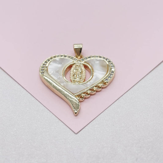 18k Gold Filled Heart Pendant with Mother Of Pearl Stone & Engraving of Virgin Mary Topped with CZ