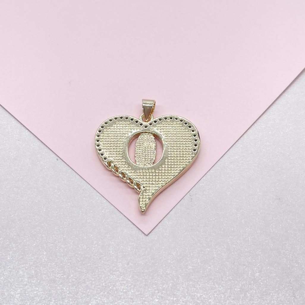 18k Gold Filled Heart Pendant with Mother Of Pearl Stone & Engraving of Virgin Mary Topped with CZ