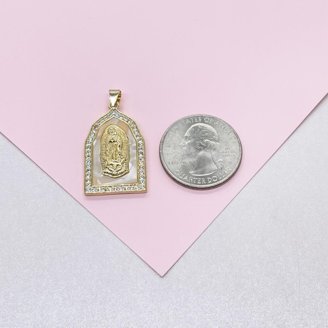 18k Gold Filled Mother of Pearl Rectangle Medallion Engraved with Virgin Mary & CZ