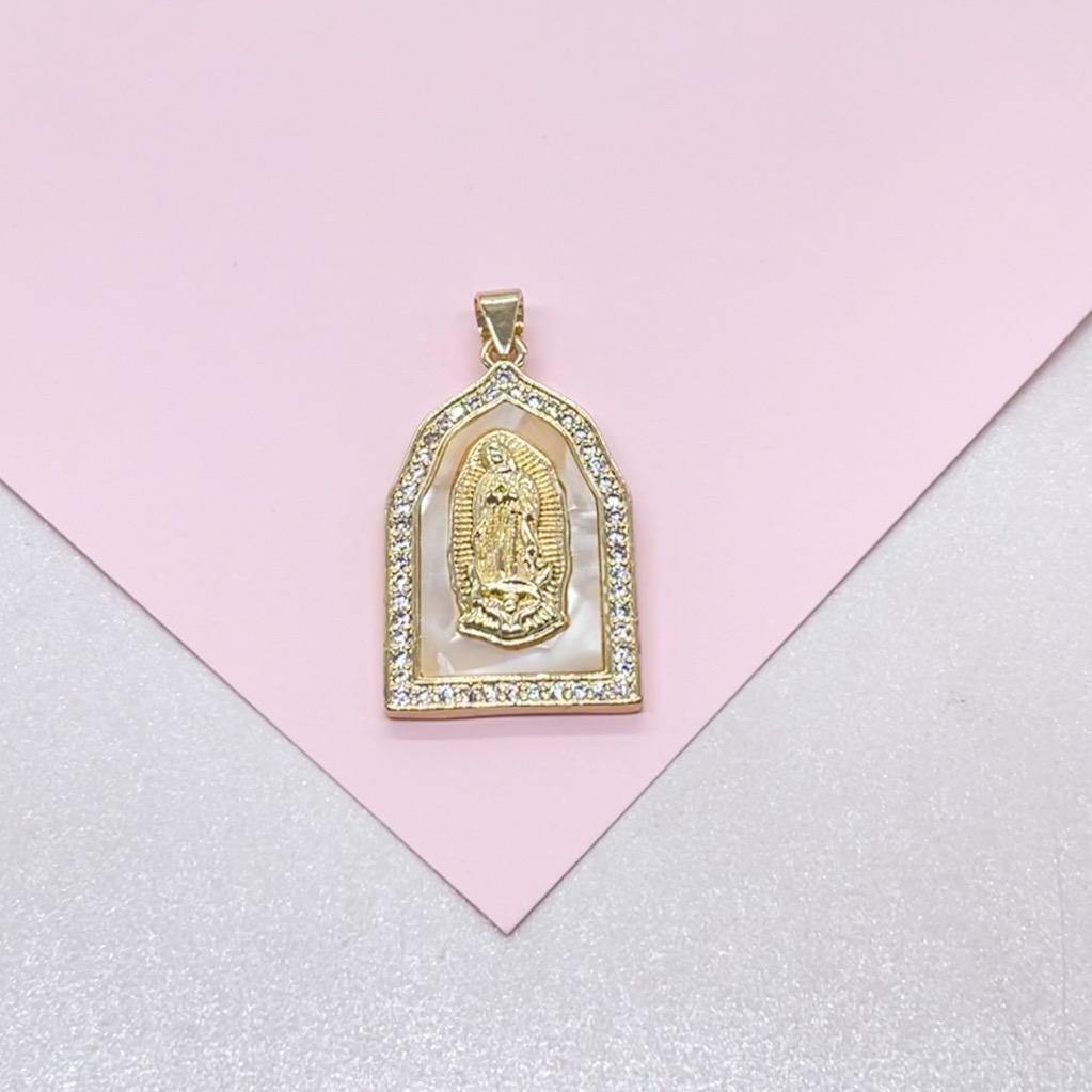 18k Gold Filled Mother of Pearl Rectangle Medallion Engraved with Virgin Mary & CZ