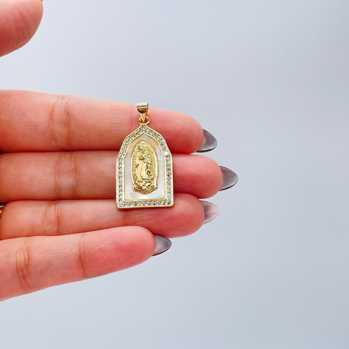 18k Gold Filled Mother of Pearl Rectangle Medallion Engraved with Virgin Mary & CZ