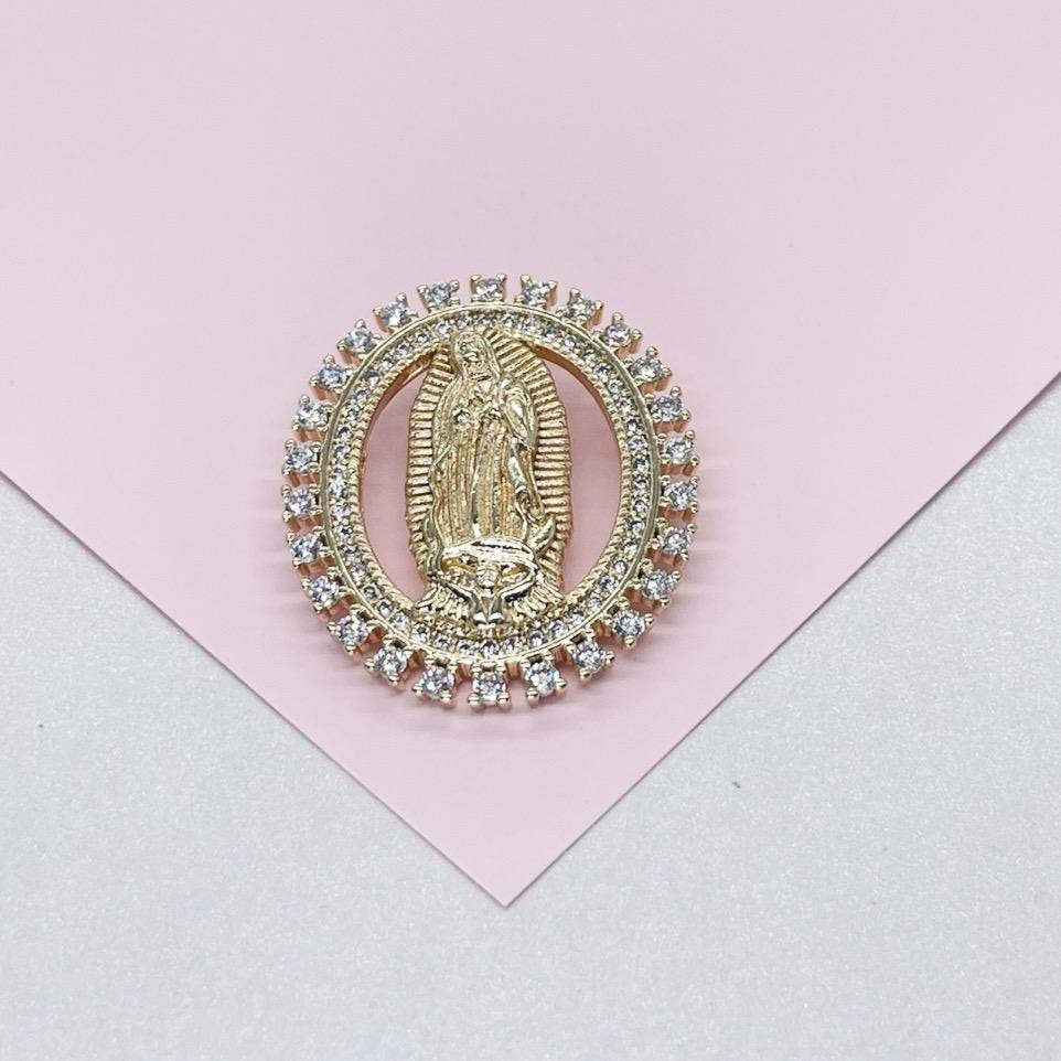 18k Gold Filled Cut Out Virgin Mary Pendant Crowned with CZ Pave
