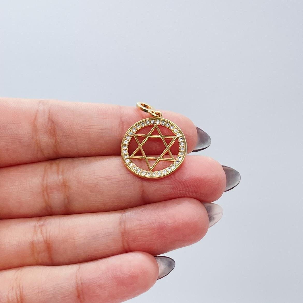 18k Gold Filled Large Star of David Outline Pendant Crowned with CZ Stones