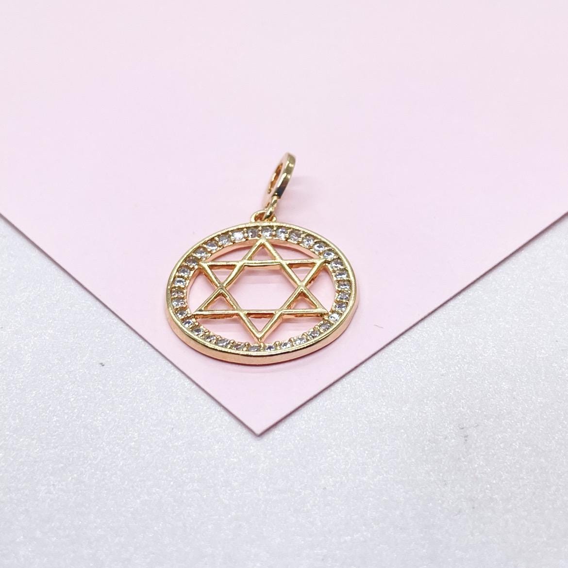 18k Gold Filled Large Star of David Outline Pendant Crowned with CZ Stones
