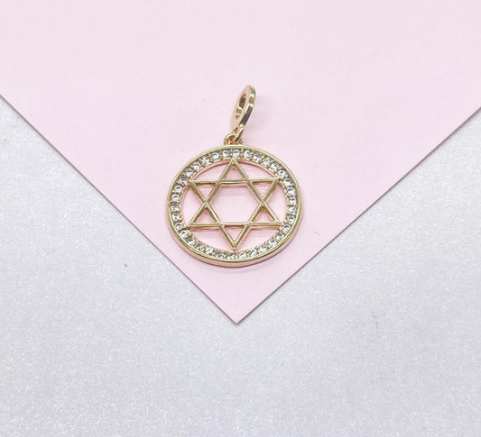 18k Gold Filled Large Star of David Outline Pendant Crowned with CZ Stones