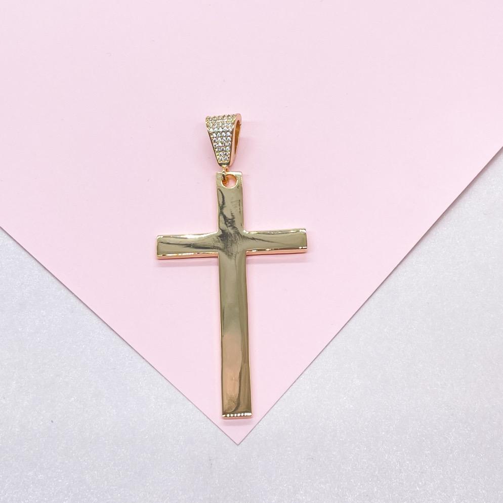 18k Gold Filled Long Plain Smooth Cross with CZ Bail