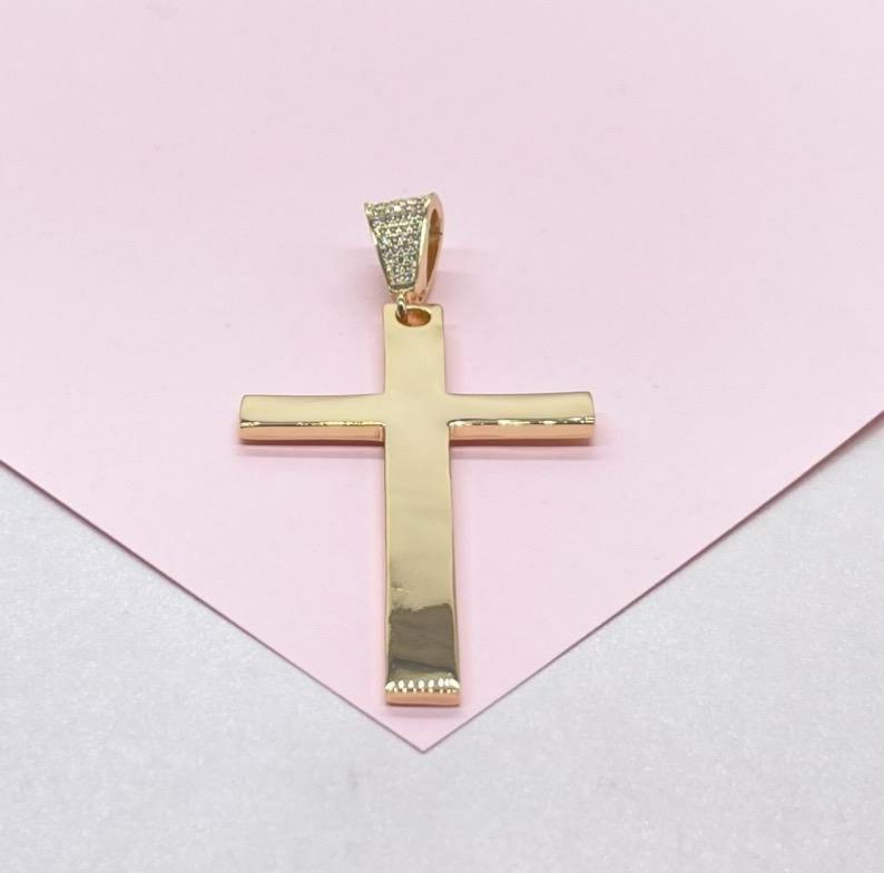 18k Gold Filled Long Plain Smooth Cross with CZ Bail