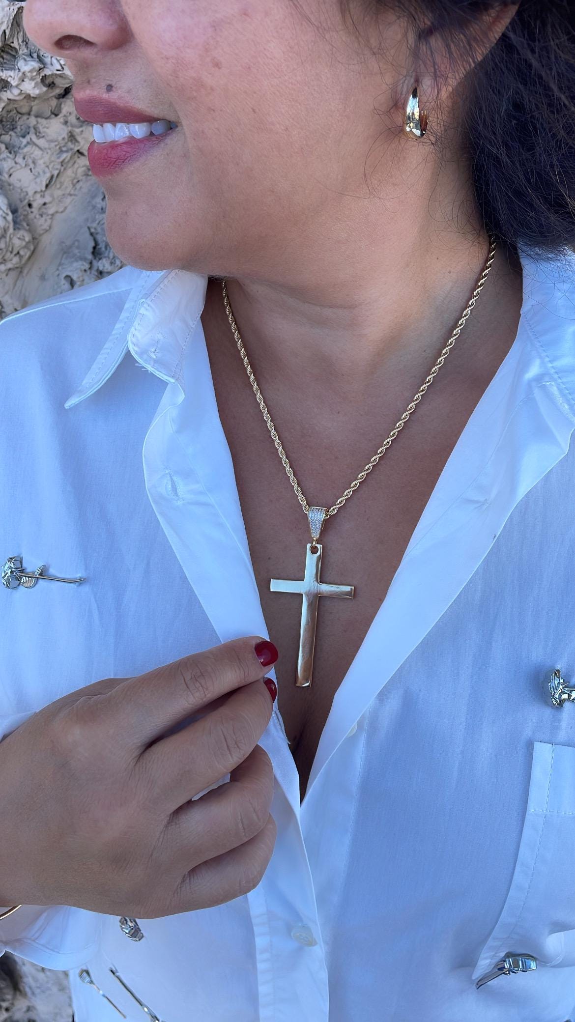 18k Gold Filled Long Plain Smooth Cross with CZ Bail