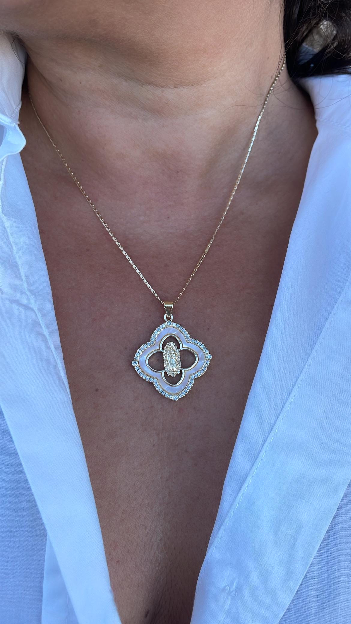 18k Gold Filled Mother of Pearl Clover Pendant with Virgin Mary Engraved Crowned with CZ