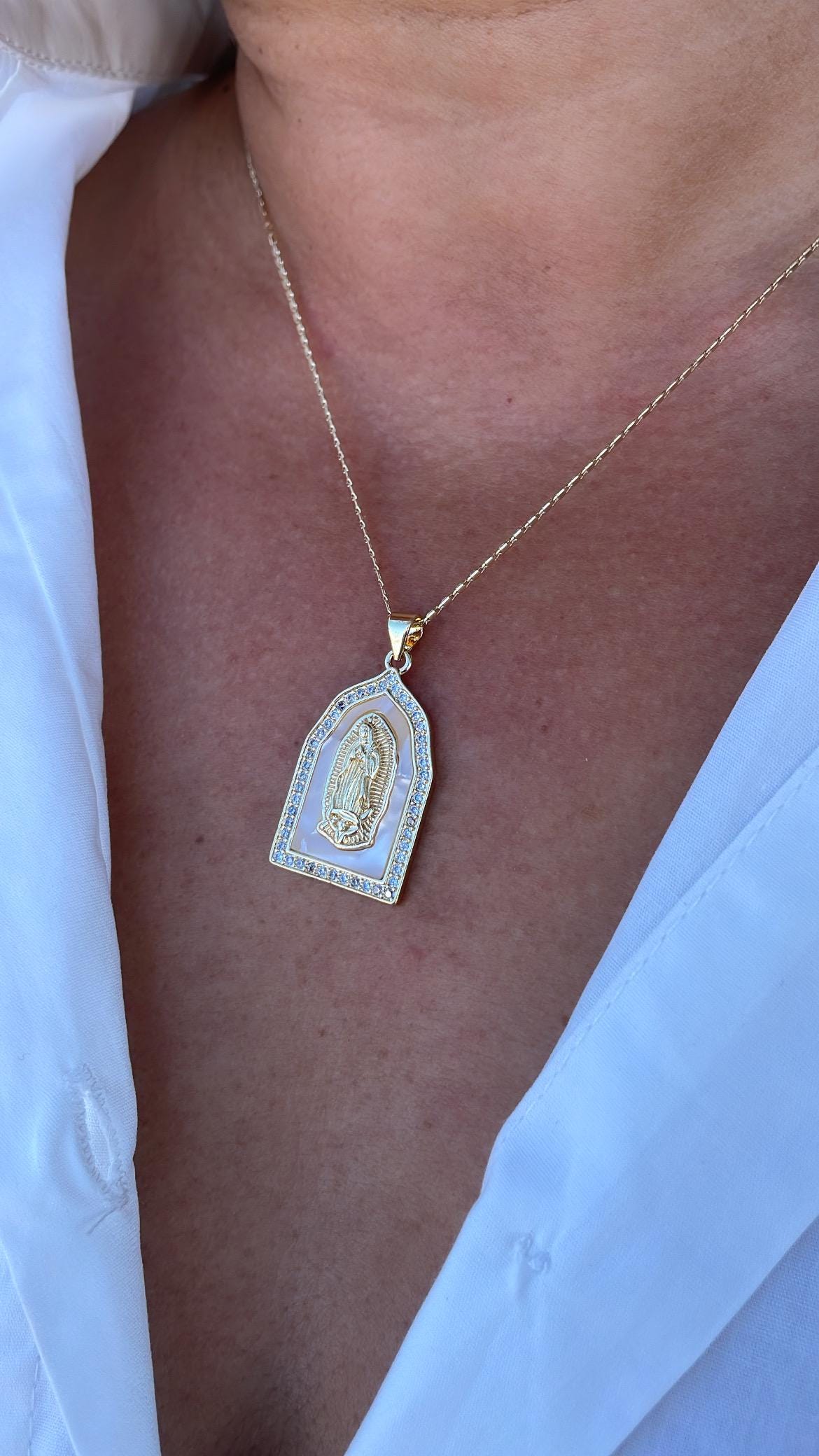 18k Gold Filled Mother of Pearl Rectangle Medallion Engraved with Virgin Mary & CZ