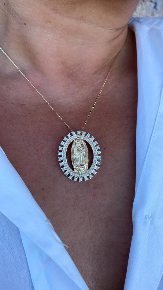 18k Gold Filled Cut Out Virgin Mary Pendant Crowned with CZ Pave
