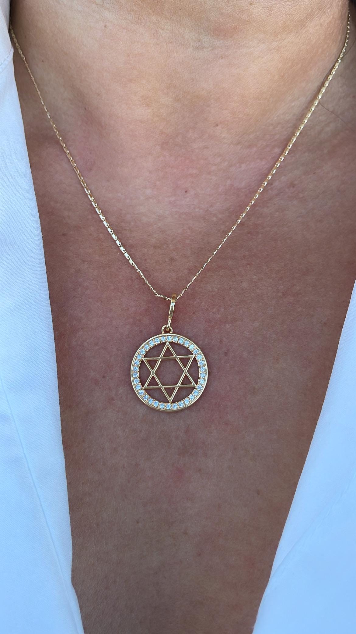18k Gold Filled Large Star of David Outline Pendant Crowned with CZ Stones
