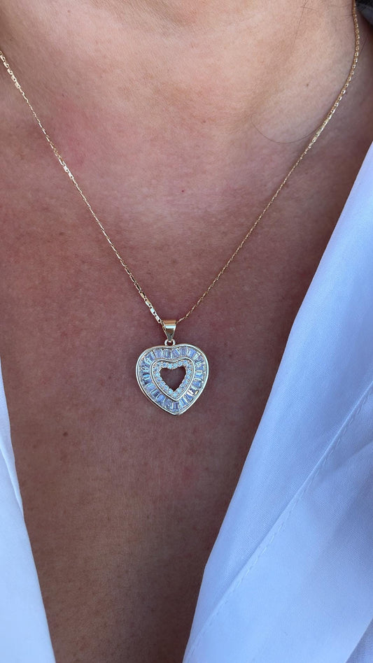 18k Gold Filled Heart Pendant Crowned with Baguette Cut Stones And Round CZ Stones