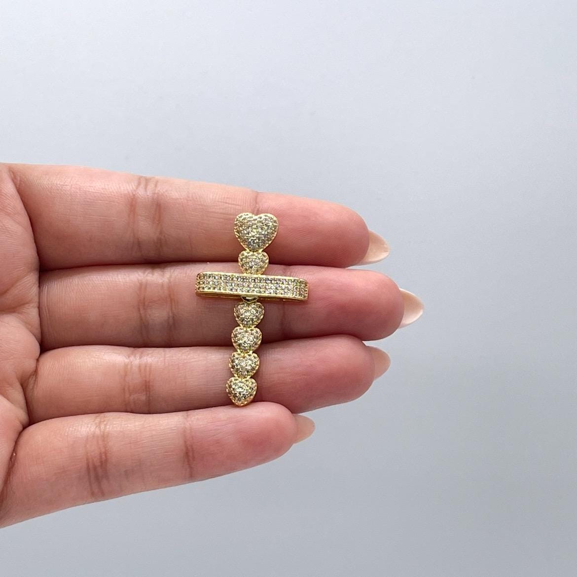 18k Gold Filled CZ Crucifix Pendant with Engraved with Cubic Zirconia and Topped with CZ Heart