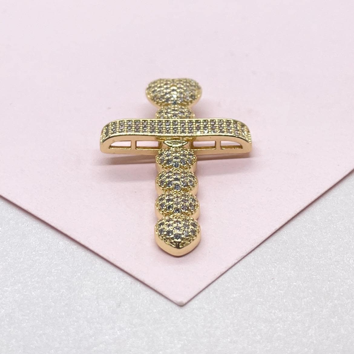 18k Gold Filled CZ Crucifix Pendant with Engraved with Cubic Zirconia and Topped with CZ Heart