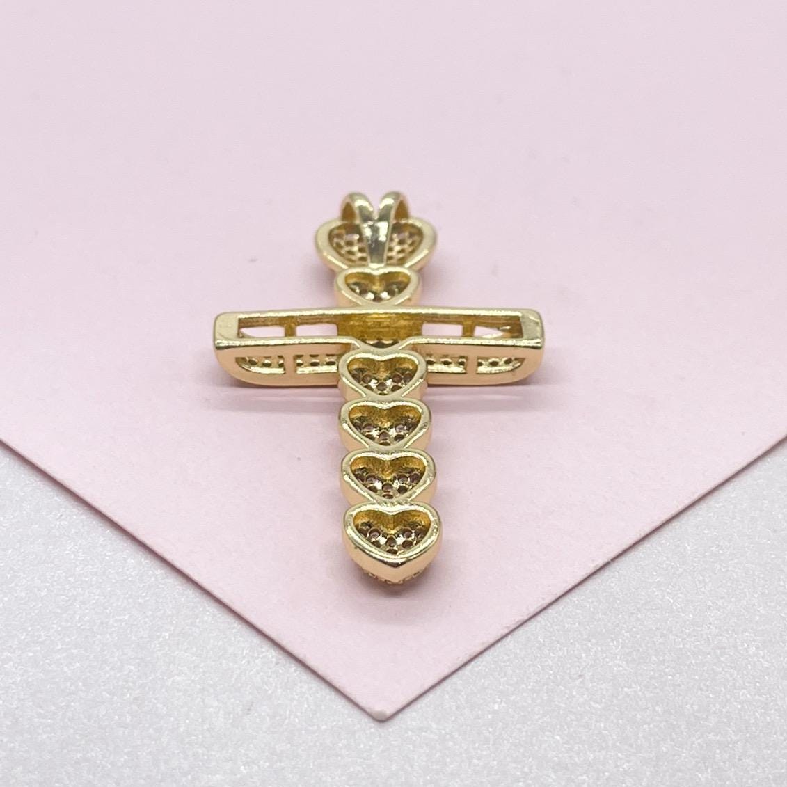 18k Gold Filled CZ Crucifix Pendant with Engraved with Cubic Zirconia and Topped with CZ Heart