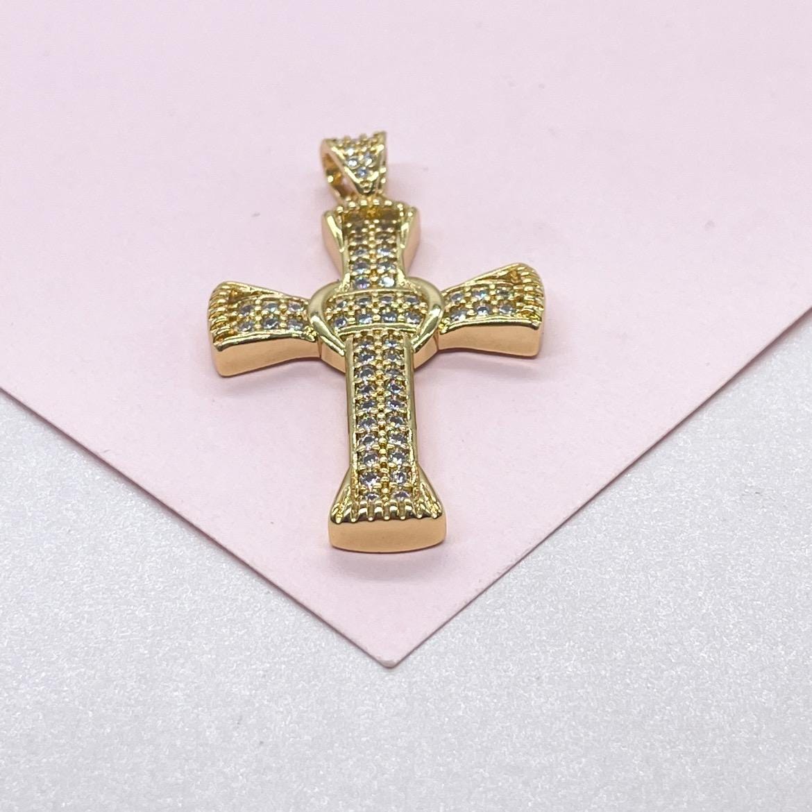 18k Gold Filled Crucifix Cross Patterned with CZ and Engraving Patterns