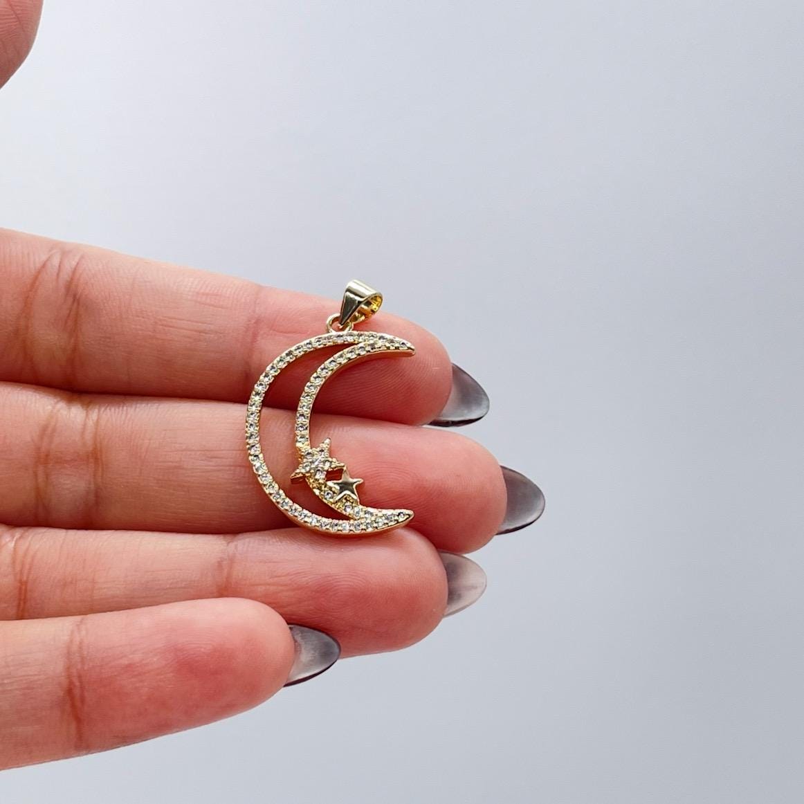 18k Gold Filled Large CZ Pave Moon & Star Necklace Charm